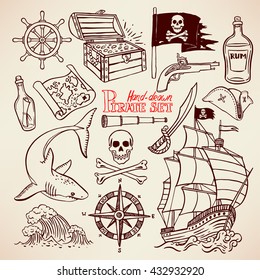 sketch pirate set. collection of hand-drawn pirate paraphernalia. pirate flag, ship, navigation attributes