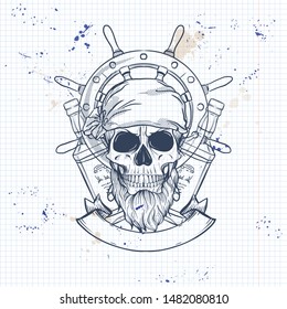 Sketch, pirate skull with bottle of rum, beard and ships steering wheel. Poster, flyer design on a notebook page