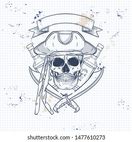 Sketch, pirate skull with sword, mustaches, pirate hat and a bottle of rum. Poster, flyer design on a notebook page