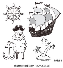 Sketch pirates set. Hand drawn illustrations. isolated pictures for little kids