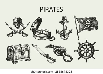 Sketch pirates set. Hand drawn vintage illustrations