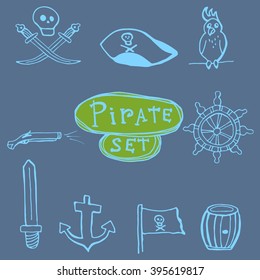 Sketch pirates set. Hand drawn icons on blue background