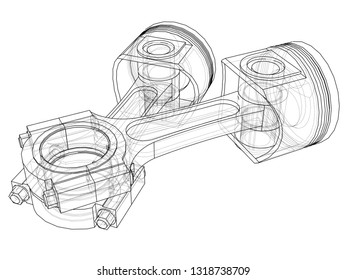 Sketch of piston. Vector rendering of 3d. Wire-frame style. The layers of visible and invisible lines are separated