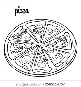 Sketch of pizza with basil, paperoni, salami, tomato, cheese and mozzarella on white background. Italian food. Dishes of Italian cuisine in doodle style.