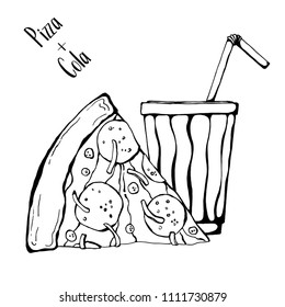 Sketch of pizza with cola. Vector illustration