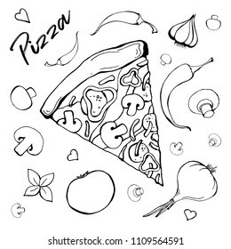 Sketch of pizza with different ingredients. Vector illustration