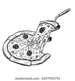 Esboço de pizza. Ilustração de vetor de tinta desenhada à mão da cozinha italiana, com uma pizza clássica com coberturas. Elementos gráficos lineares, tema fast food, para design, isolados em fundo branco.