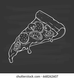 sketch pizza with tasty topping with tomato, pepperoni and mushroom using hand drawing style on chalkboard background