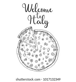Sketch pizza. Welcome to Italy. Vector illustration