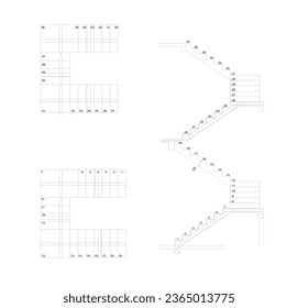plan de esbozo de las escaleras de hormigón y de las secciones de las escaleras de hormigón