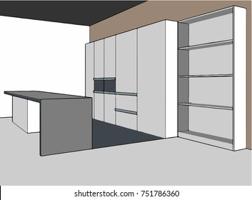 Sketch plan kitchen. Illustration created of 3d.
