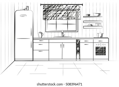 Sketch plan kitchen. Vector illustration