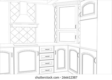 Sketch plan kitchen in the wire. Illustration created of 3d. 