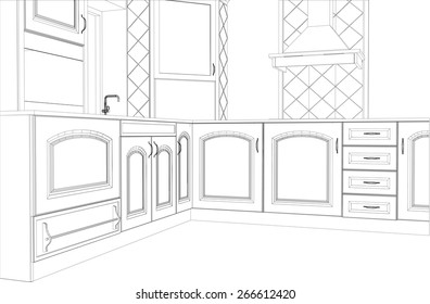 Sketch plan kitchen in the wire. Illustration created of 3d.