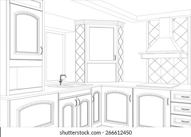 Sketch plan kitchen in the wire. Illustration created of 3d.