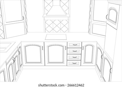 Sketch plan kitchen in the wire. Illustration created of 3d.