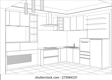 Sketch plan kitchen in the wire. Illustration created of 3d.