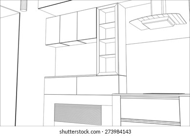 Sketch plan kitchen in the wire. Illustration created of 3d.