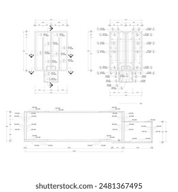 sketch plan and section of a water storage tank or reservoir made of reinforced concrete, sketch equipped with dimensions and notations