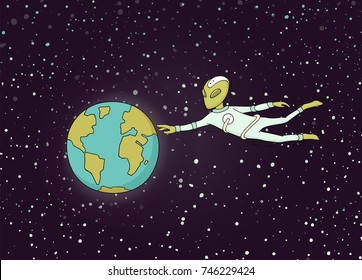 Sketch of planet and alien. Doodle cute scene about first contact. Hand drawn cartoon vector illustration for science design.