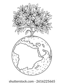 Sketch planet Earth with green tree. For Earth day, World environment day and sustainable development concept, ecology. Vector hand drawn illustration on white background.  