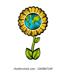Sketch of planet Earth on a blossom flower. Earth day. Vector illustration design