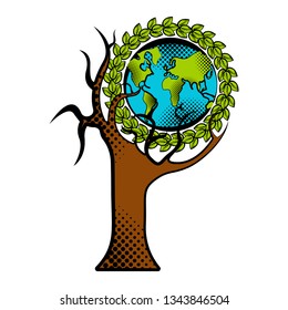 Sketch of planet Earth on a tree. Earth day. Vector illustration design
