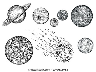 Sketch planet icon set. Vector ink hand drawn illustration isolated on white background.