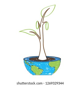 Sketch of a plant on a flower pot with an Earth map. Earth day. Vector illustration design