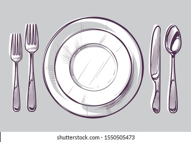Sketch plate fork   knife  Dinner cutlery   empty dish table  dining silverware top view hand drawn doodle vector restaurant white isolated utensils illustration