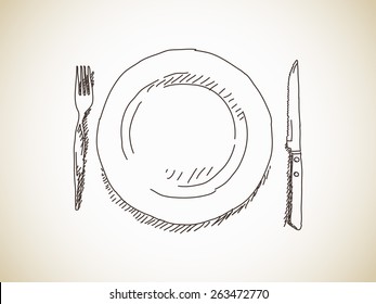 Sketch plate  knife  fork  Hand drawn illustration Vector  Isolated