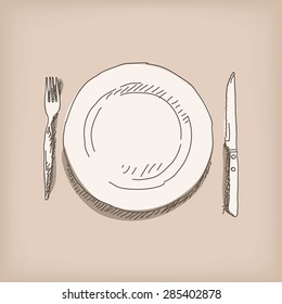 Sketch of plate, knife, fork. Hand drawn illustration Vector, Isolated