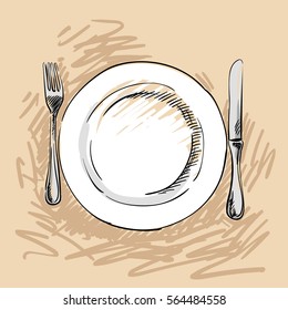 Sketch of plate, knife and fork. Hand drawn vector illustration, View from above