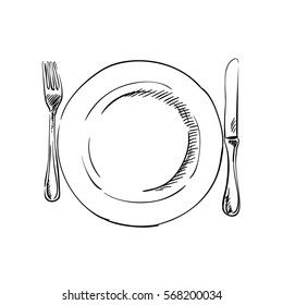Sketch plate  knife   fork  Hand drawn illustration  Isolated vector black lines white background