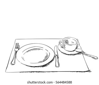 Sketch Of Plate, Knife, Fork Tea Cup And Spoon, Hand Drawn Illustration, Isolated Vector Black Lines On White Background