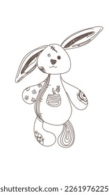 Sketch of  plush toy rabbit with patches . Rabbits for clothing or other uses, in vector. sketch engraving vector illustration. Children's book illustration. Imitation of scratchboard style.