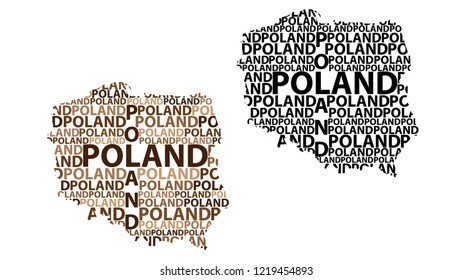 Sketch Poland letter text map, Republic of Poland - in the shape of the continent, Map Poland - brown and black vector illustration