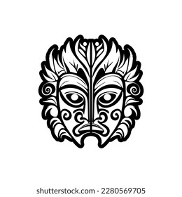 Sketch of a Polynesian god mask in black and white vector tattoo style.