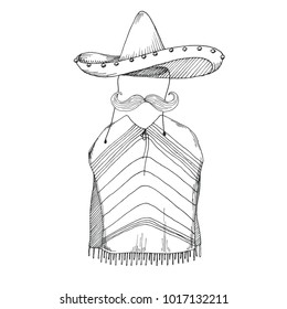 Sketch of poncho, mustache and sombrero. Vector illustration.