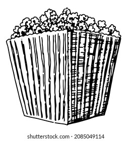 Sketch of popcorn in bucket. Snack for cinema, fast food doodle. Hand drawn vector illustration in retro style. Outline clipart isolated on white background.
