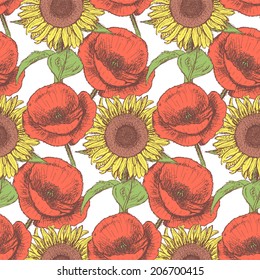 Sketch poppy and sunflower, vector vintage seamless pattern 
