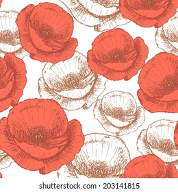 Sketch poppy, vector vintage seamless pattern eps 10 