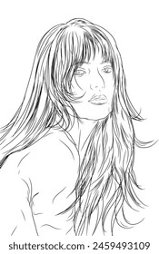 sketch portrait of a beautiful woman with long hair on a white background