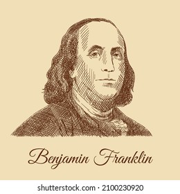 Sketch portrait of Benjamin Franklin from a 100$ banknote. Engraving portrait of the President of America. Portrait of a man in an antique suit. Vintage brown and beige card, hand-drawn, vector.