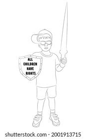 Sketch portrait of a boy in a cap and sunglasses with a sword in one hand and a shield in the other, the inscription on the shield: "All children have rights"