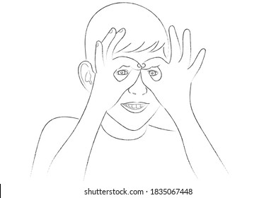 Sketch portrait of a boy who folded his fingers in the form of glasses on his face