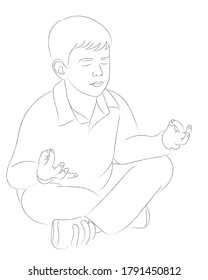 A sketch of a portrait of a boy who sits with his eyes closed and shows the OM sign with his hands