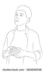 Sketch portrait of a boy who is thinking about something and with a Rubik's cube in his hands