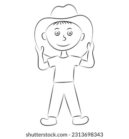 Sketch portrait of a cartoon boy in a big hat, which he holds with his hands, isolate on white