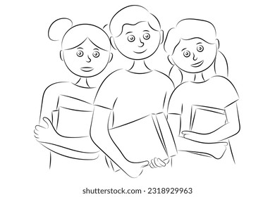 Sketch portrait of cartoon children with books in their hands, isolate on white, schoolchildren, students, knowledge day